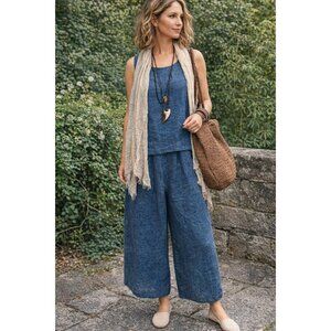 Halston Navy 100% Linen Tank Top Wide Leg Pant Set Womens L/10 Lagenlook Resort